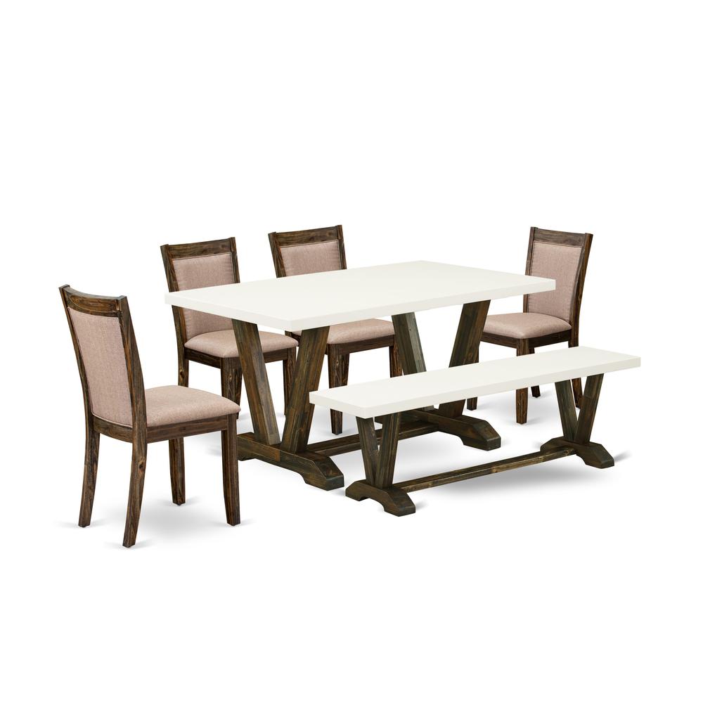V726MZ716-6 6 Piece Dining Set- A Dinning Table in Trestle Base with Wood Bench and 4 Dining Chairs - Distressed Jacobean Finish. Picture 2