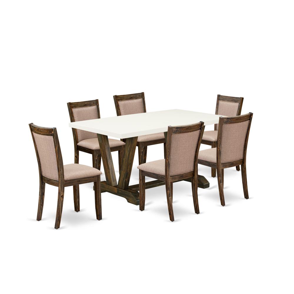 V726MZ716-7 7 Piece Modern Dining Set - A Dining Table with Trestle Base and 6 Chairs For Dining Room - Distressed Jacobean Finish. Picture 2