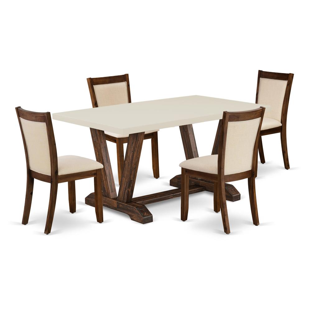 East West Furniture 5-Pc Kitchen Set - 1 Dining Table with Linen White Tabletop and 4 Light Beige Linen Fabric Modern Chairs with Stylish High Back (Distressed Jacobean Finish). Picture 2