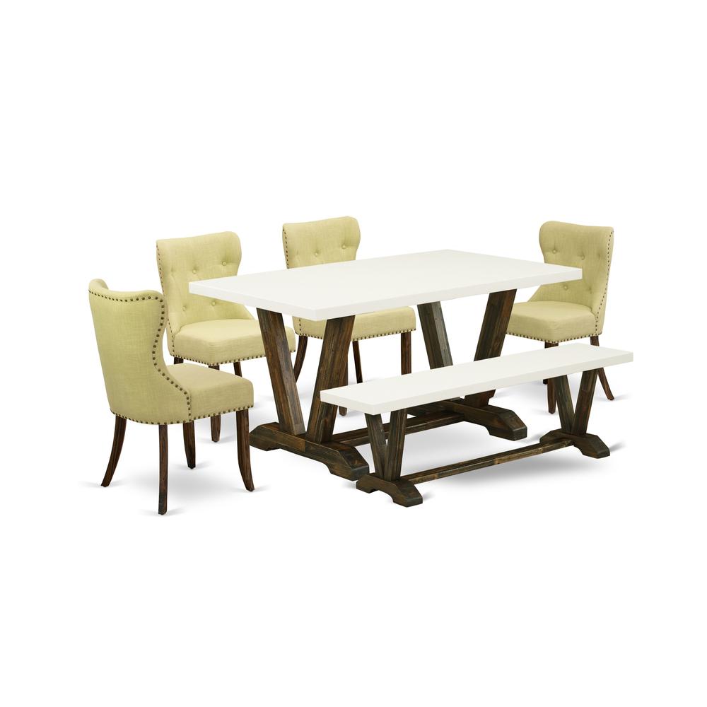 East West Furniture V726SI737-6 6-Pc Kitchen Dining Room Set- 4 Dining Chairs with Limelight Linen Fabric Seat and Button Tufted Chair Back - Rectangular Top & Wooden Legs Wood Dining Table and Dining. Picture 1