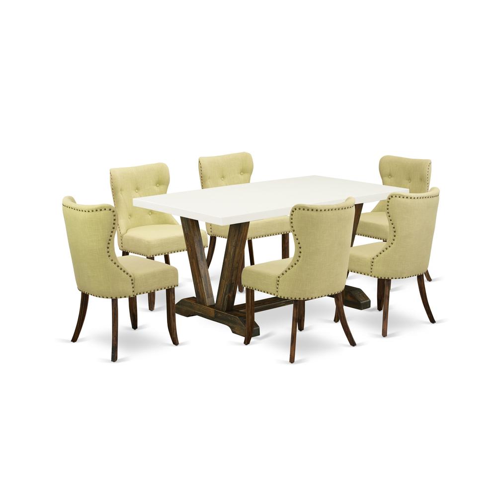 East West Furniture V726SI737-7 7-Piece Kitchen Dining Set- 6 Parson Chairs with Limelight Linen Fabric Seat and Button Tufted Chair Back - Rectangular Table Top & Wooden Legs - Linen White and Distre. Picture 1