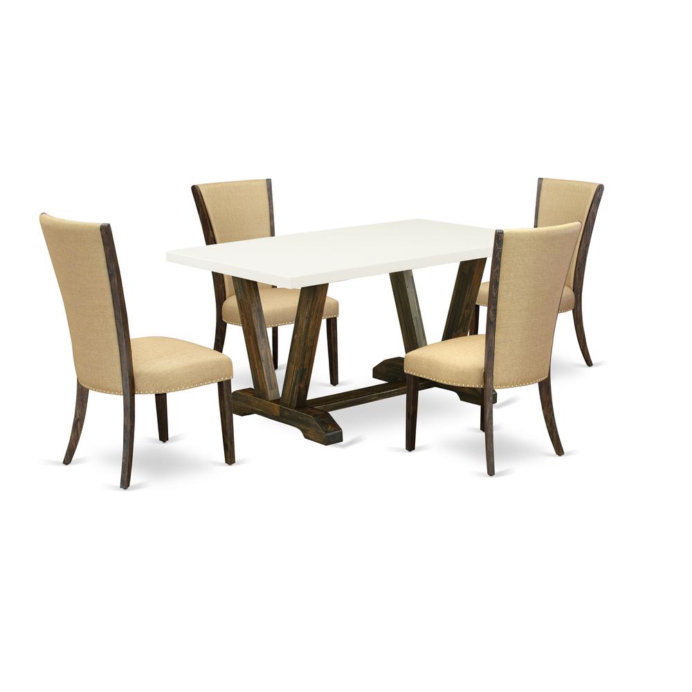 East West Furniture V726VE703-5 5Pc Dinette Set Contains a Kitchen Table and 4 Parsons Dining Chairs with Brown Color Linen Fabric, Medium Size Table with Full Back Chairs, Distressed Jacobean and Lin. Picture 1