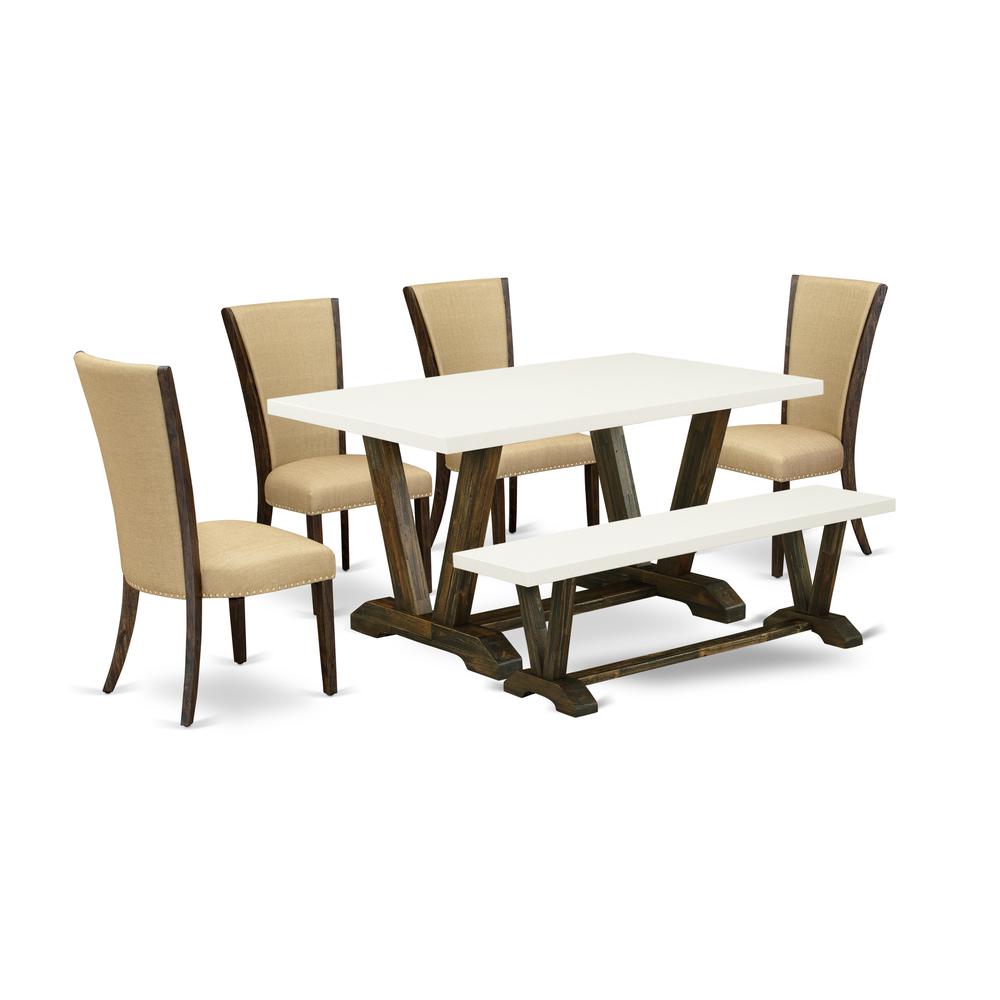 East West Furniture V726VE703-6 6 Piece Dining Room Table Set - 4 Brown Linen Fabric Dining Chair with Nailheads and Linen White Wood Table - 1 Dining Bench - Distressed Jacobean Finish. Picture 1