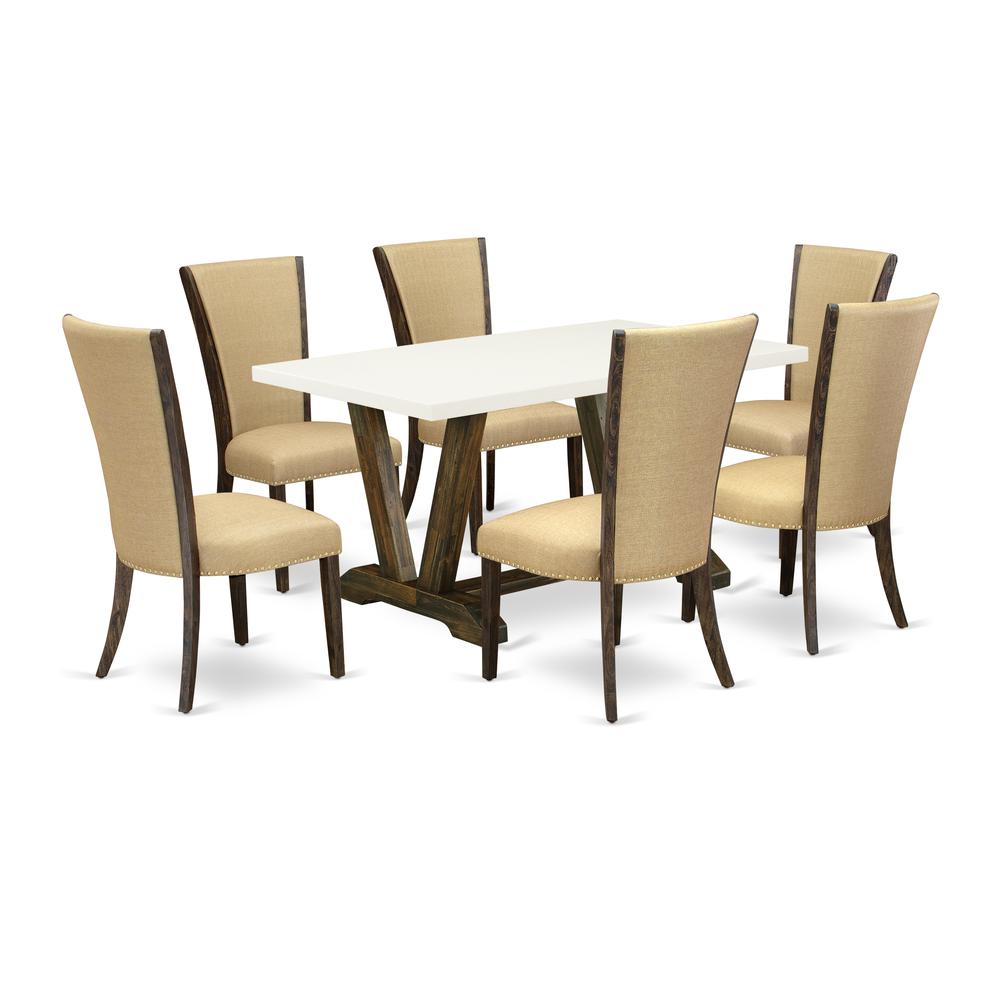 East West Furniture V726VE703-7 7Pc Kitchen Table Set Contains a Dining Room Table and 6 Parson Dining Chairs with Brown Color Linen Fabric, Medium Size Table with Full Back Chairs, Distressed Jacobea. Picture 1