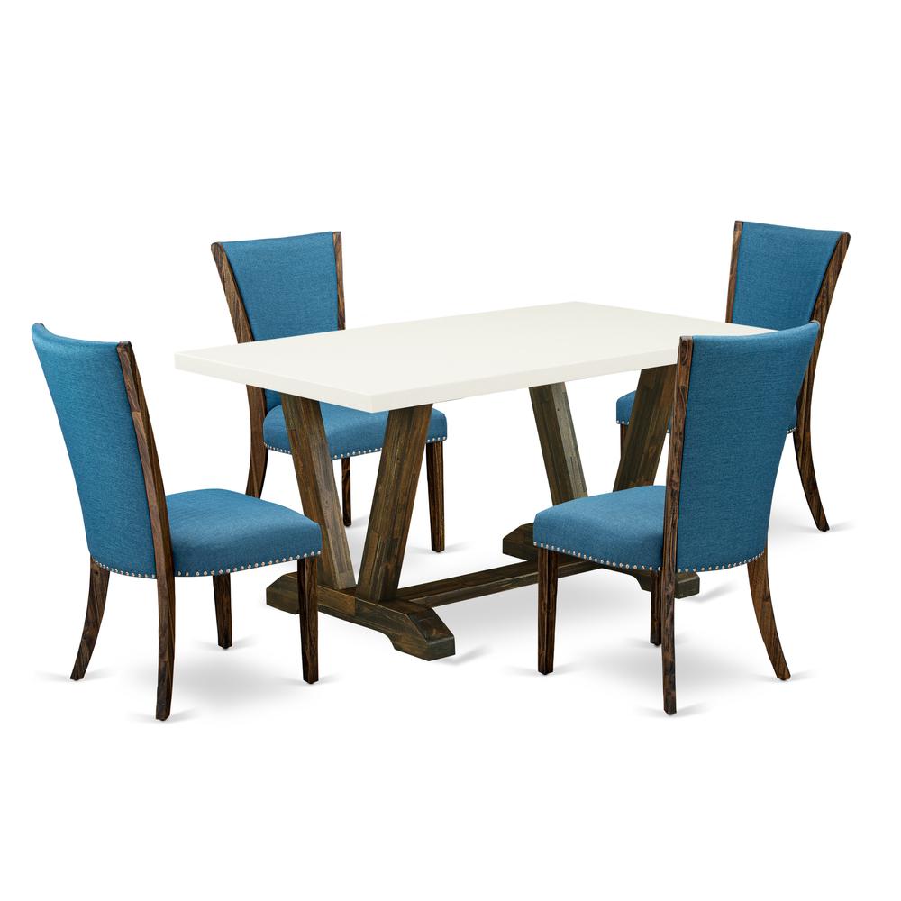 East West Furniture V726VE721-5 5Pc Dining Table Set Includes a Dining Table and 4 Parson Chairs with Blue Color Linen Fabric,Distressed Jacobean and Linen White Finish. Picture 1
