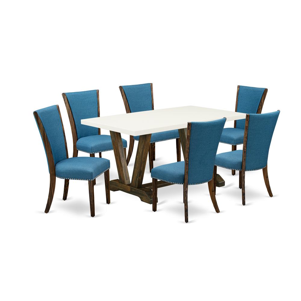 East West Furniture V726VE721-7 7Pc Dining Room Table Set Includes a Kitchen Table and 6 Parson Dining Chairs with Blue Color Linen Fabric, Distressed Jacobean and Linen White Finish. Picture 1
