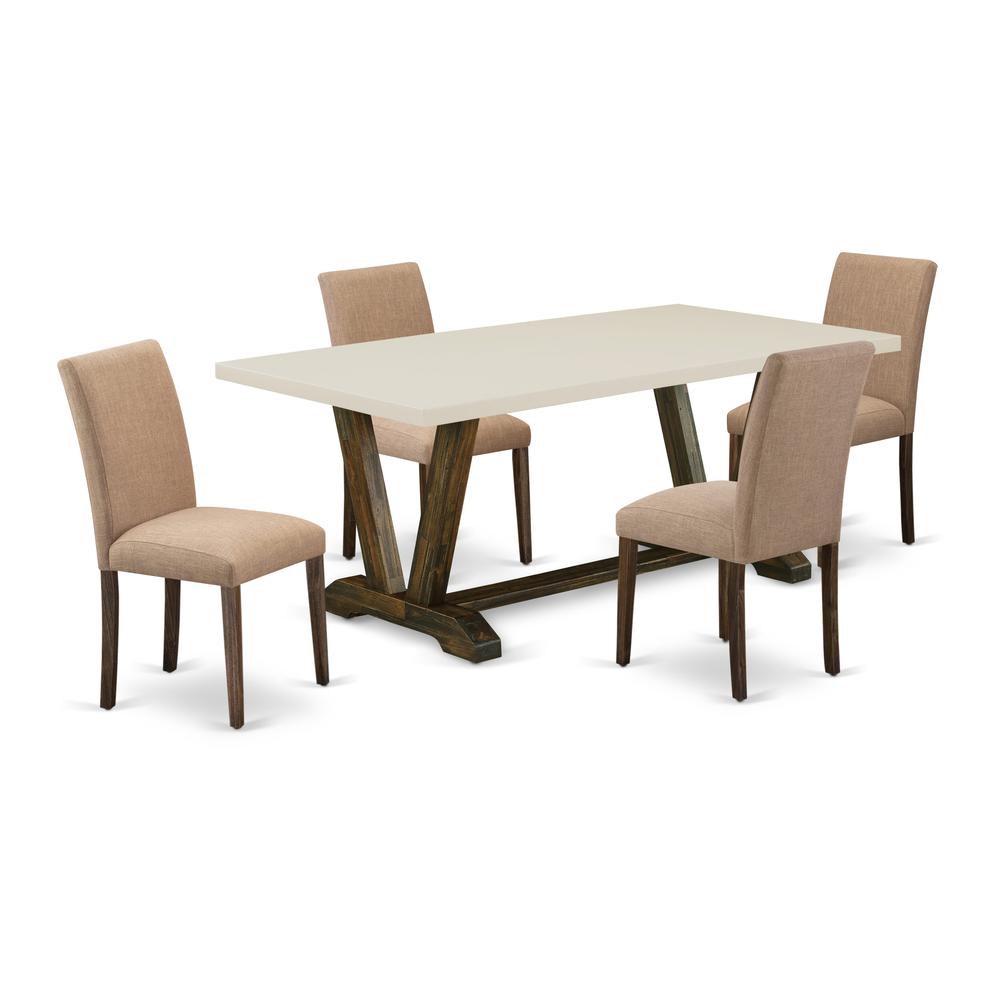 East West Furniture 5-Piece Modern Dining Set-A Modern Table and 4Linen FabricModern Chairs with High Back - Distressed Jacobean Finish. Picture 2