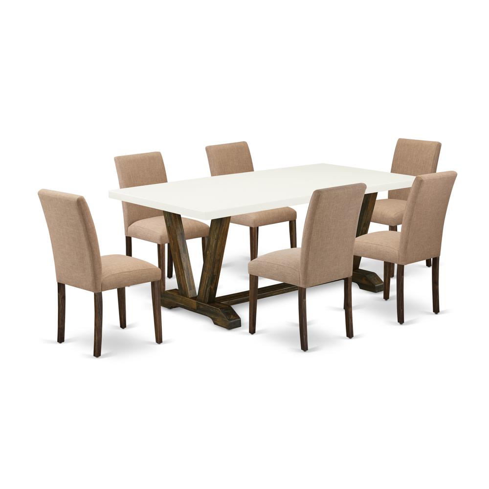 East West Furniture 7-Piece Dinette Set Includes 6 Modern Chairs with Upholstered Seat and High Back and a Rectangular Wooden Dining Table - Distressed Jacobean Finish. Picture 1