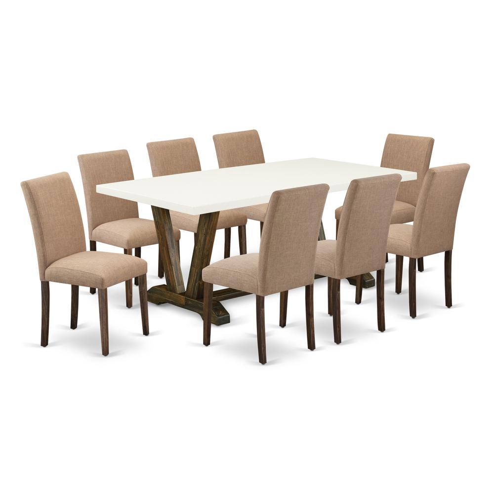 East West Furniture 9-Pc Dining Set Includes 8 Dining Chairs with Upholstered Seat and High Back and a Rectangular Dining Table - Distressed Jacobean Finish. Picture 1