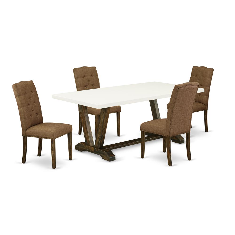 East West Furniture 5-Pc Dining room Table Set Included 4 kitchen parson chairs Upholstered Seat and High Button Tufted Chair Back and Rectangular Dining Table with Linen White rectangular Table Top -. Picture 1
