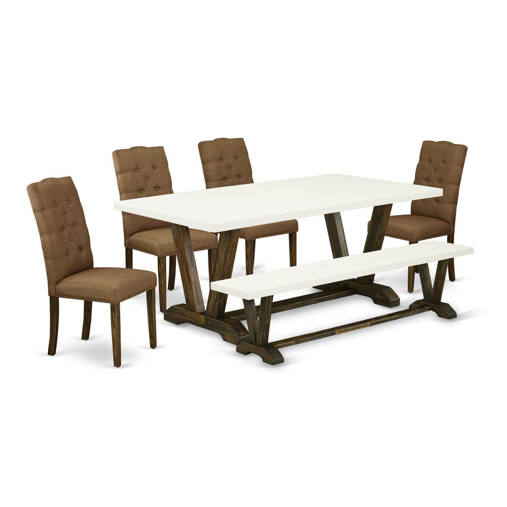 East West Furniture 6-Pc Dining Set-Brown Beige Linen Fabric Seat and Button Tufted Chair Back Parson Dining chairs, A Rectangular Bench and Rectangular Top Modern Dining Table with Solid Wood Legs -. Picture 1