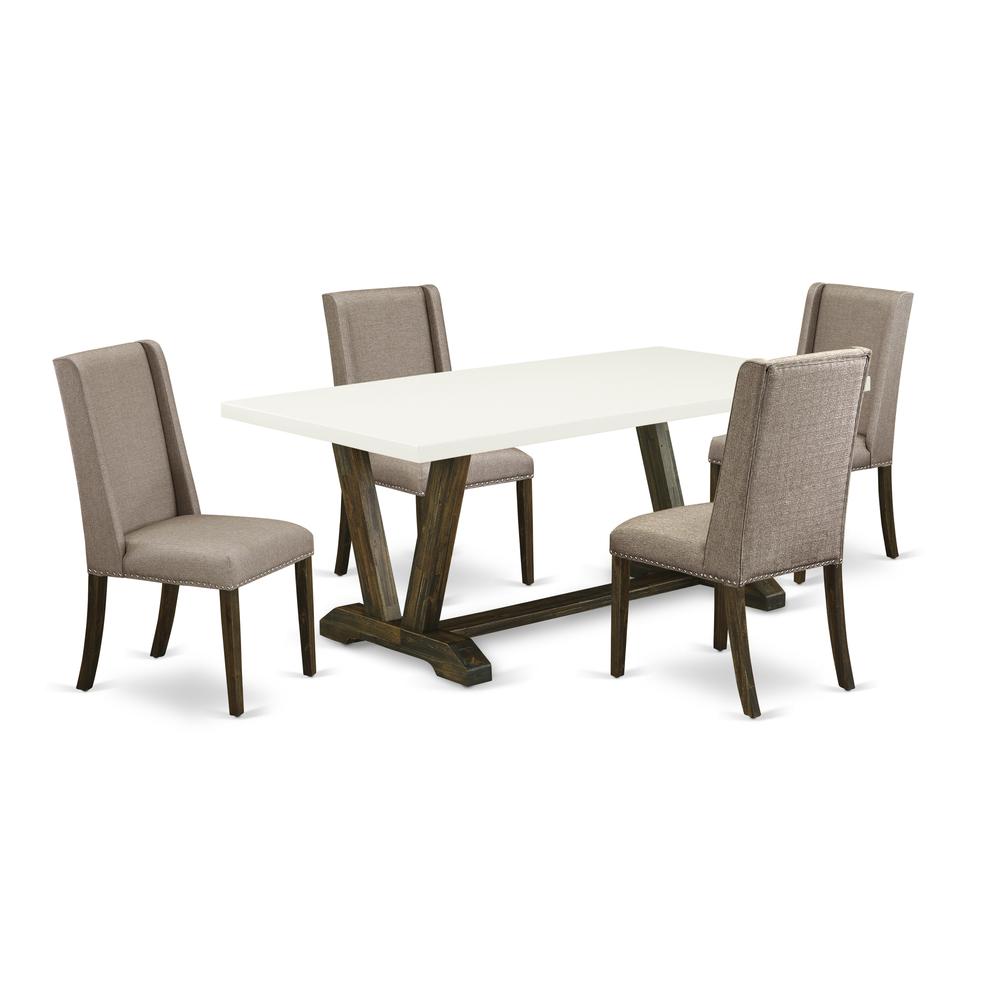 East West Furniture 5-Pc Dining Table Set Included 4 Dining chairs Upholstered Seat and Stylish Chair Back and Rectangular Dinette Table with Linen White Dinette Table Top - Distressed Jacobean Finish. Picture 1