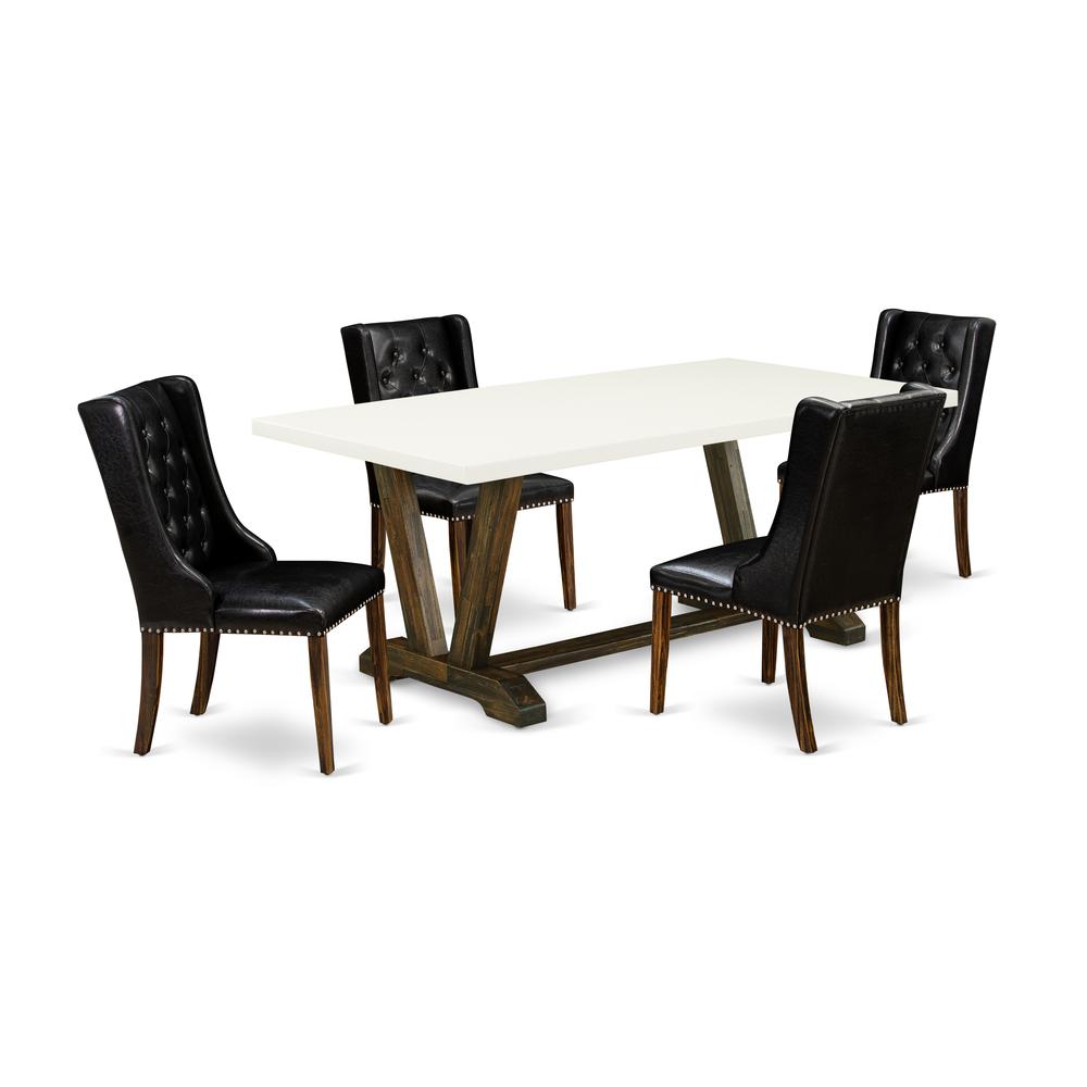 East West Furniture V727FO749-5 5 Piece Dining Room Set - 4 Black Pu Leather Dining Chairs Button Tufted with Nail heads and Dining Table - Distressed Jacobean Finish. Picture 1