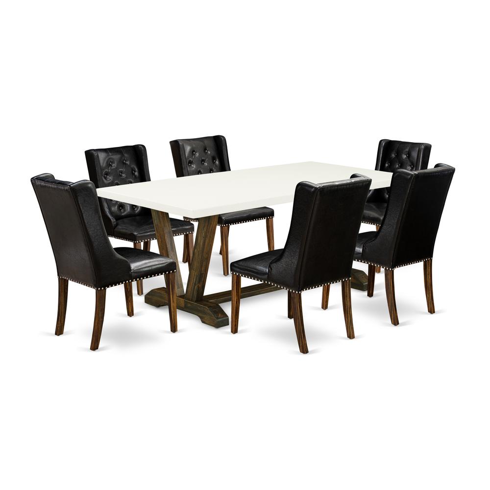 East West Furniture V727FO749-7 7-Piece Dining Set - 6 Black Pu Leather Parson Dining Room Chairs Button Tufted with Nail heads and Rectangular Dining Table - Distressed Jacobean Finish. Picture 1