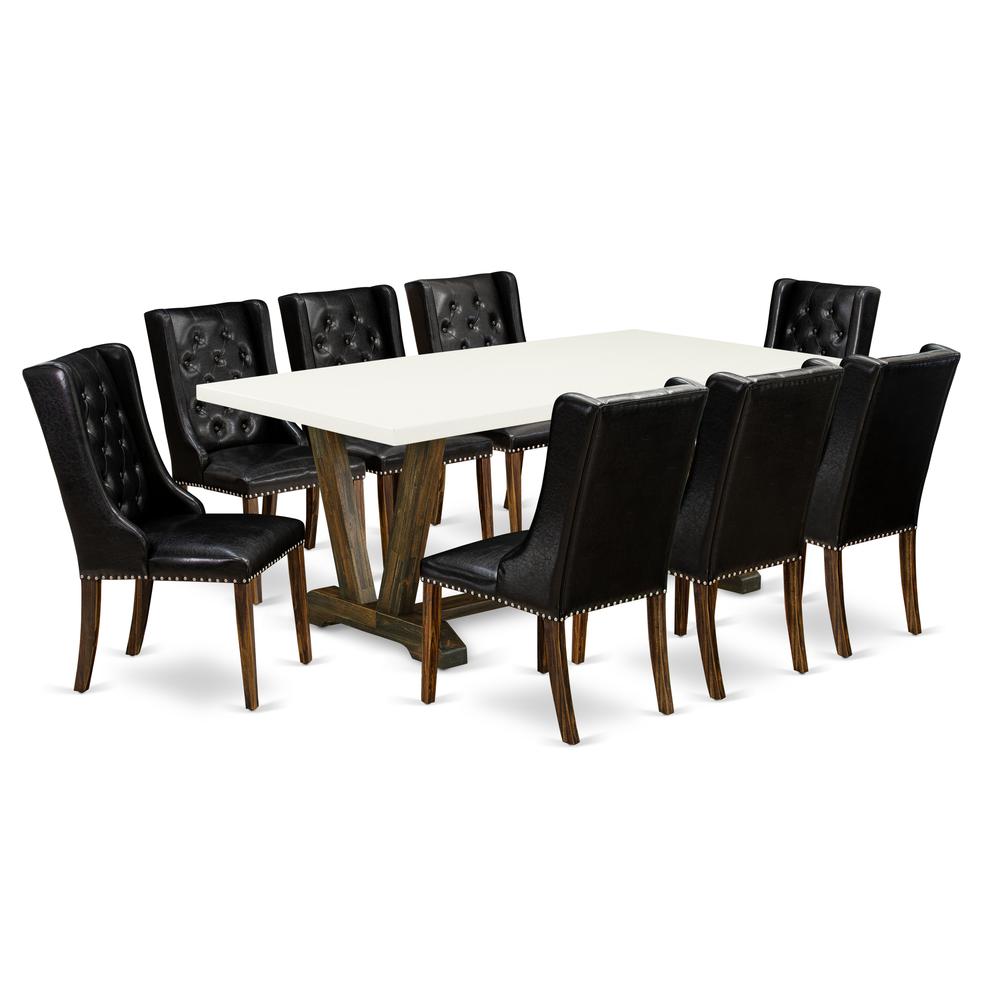 East West Furniture V727FO749-9 9-Piece Dining Room Set - 8 Black Pu Leather Parsons Chair Button Tufted with Nail heads and Dining Room Table - Distressed Jacobean Finish. Picture 1