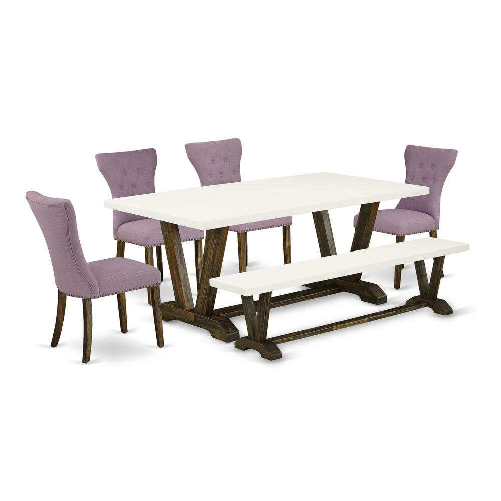 East West Furniture V727GA740-6 6-Piece Dining Table Set- 4 Kitchen Chairs with Dahlia Linen Fabric Seat and Button Tufted Chair Back - Rectangular Top & Wooden Legs Dining Room Table and Small Bench. Picture 1