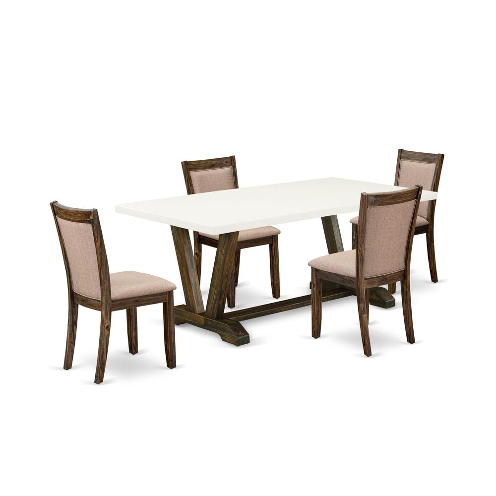 V727MZ716-5 5 Piece Dining Table Set - A Modern Kitchen Table with Trestle Base and 4 Kitchen Chairs - Distressed Jacobean Finish. Picture 2