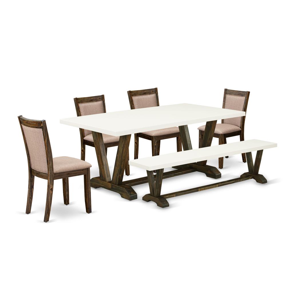 V727MZ716-6 6 Pc Table Set- A Kitchen Table in Trestle Base with Wood Bench and 4 parson chairs - Distressed Jacobean Finish. Picture 2