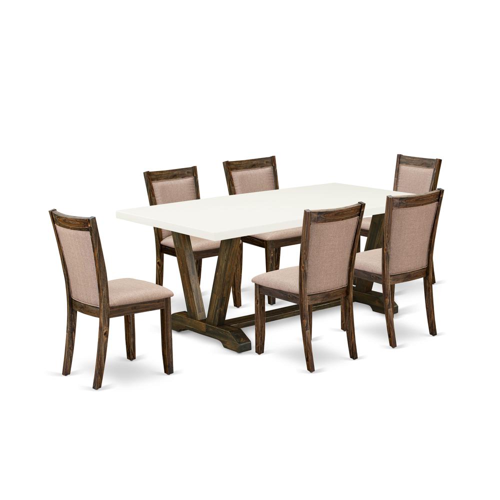 V727MZ716-7 7 Piece Dinning Table Set - A Wooden Dining Table with Trestle Base and 6 Dining Chairs - Distressed Jacobean Finish. Picture 2