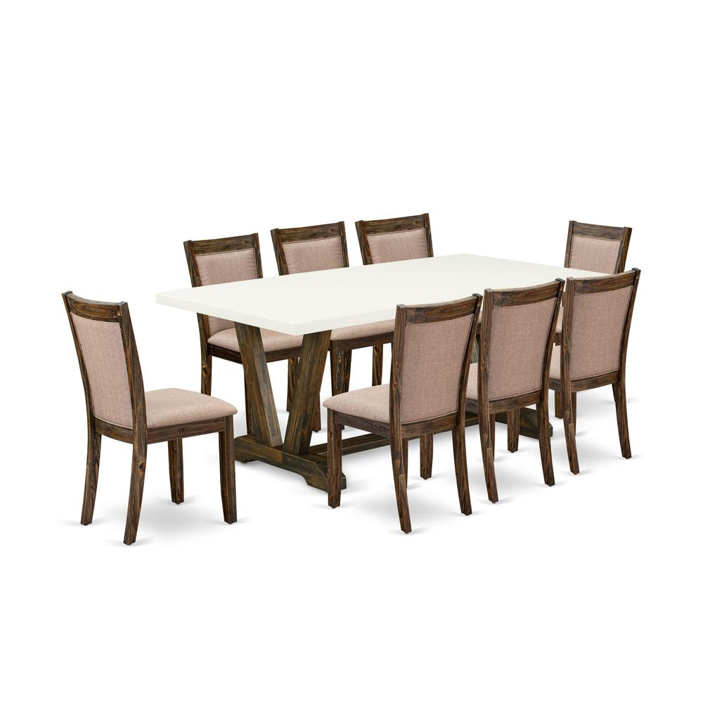 V727MZ716-9 9 Piece Kitchen Table Set - A Modern Kitchen Table with Trestle Base and 8 Dining Chairs - Distressed Jacobean Finish. Picture 2