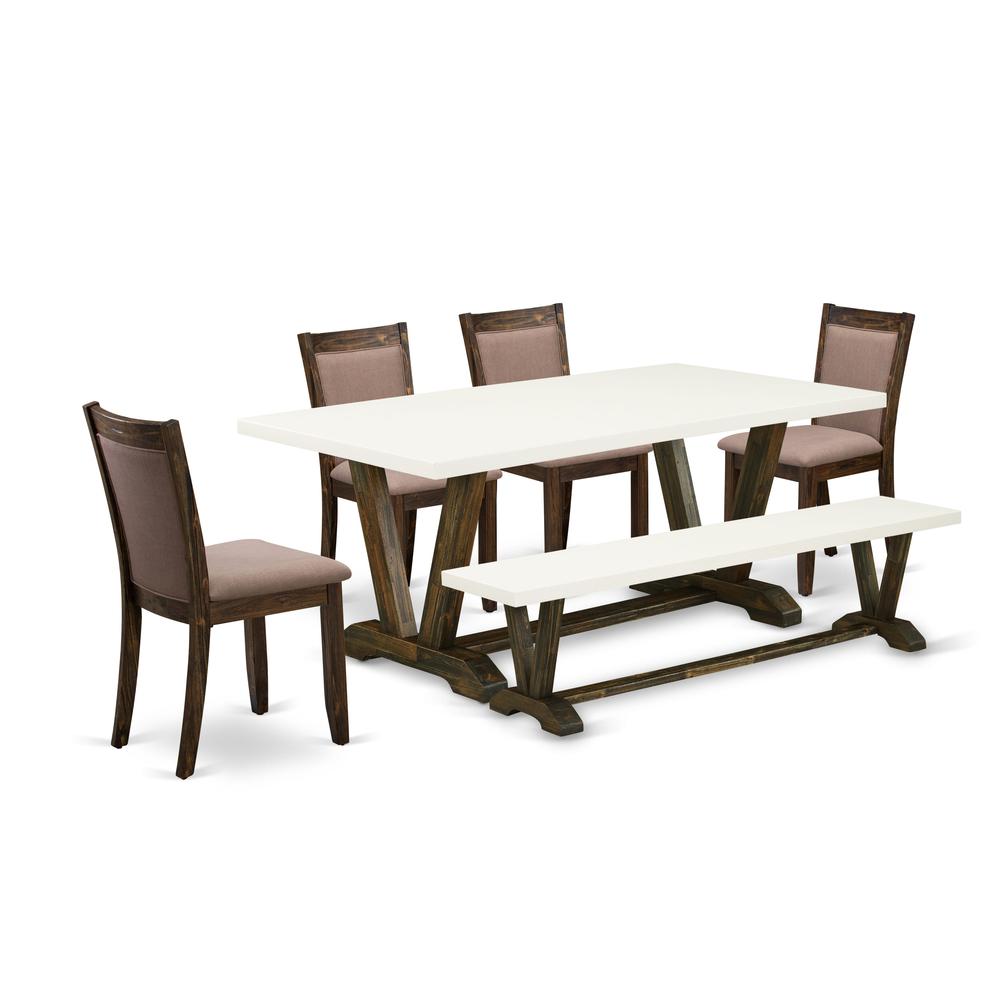 V727MZ748-6 6 Piece Dining Set- A Dining Table in Trestle Base with Bench and 4 Coffee Dinner Chairs - Distressed Jacobean Finish. Picture 2