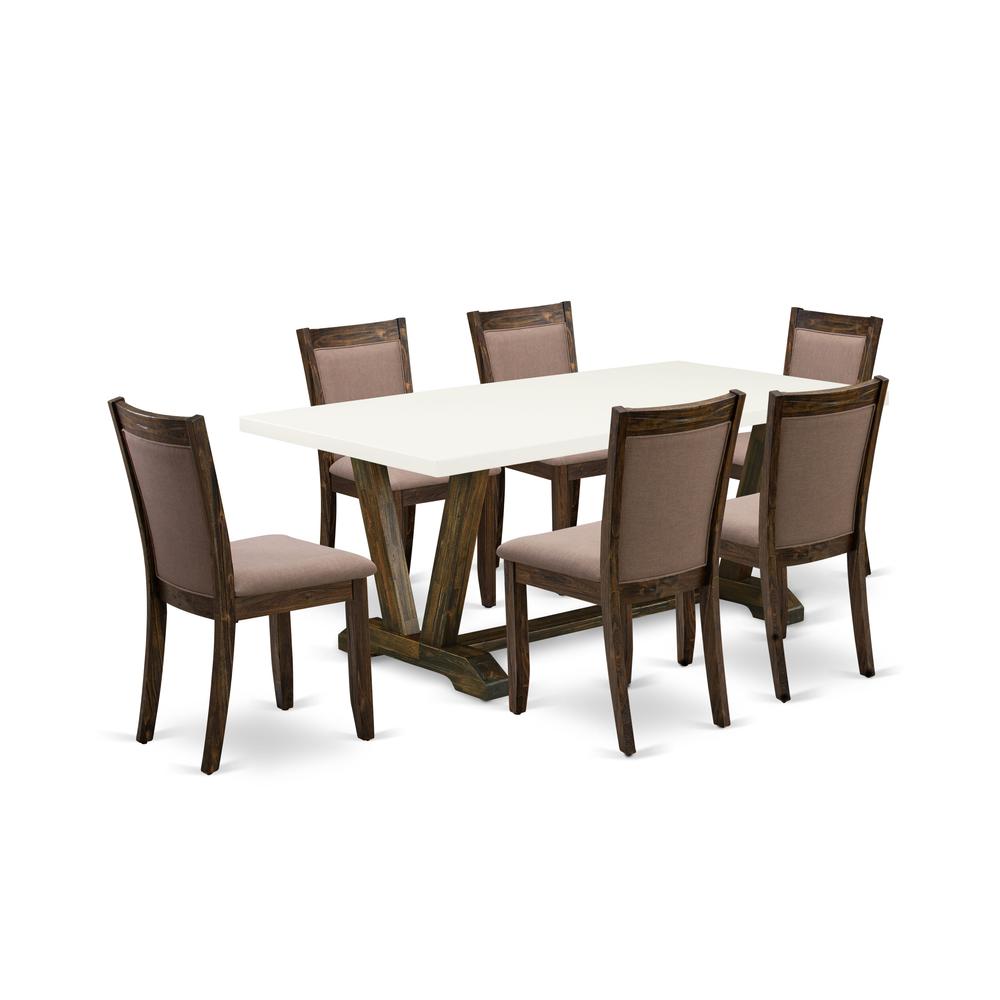 V727MZ748-7 7 Pc Modern Dining Set - A Kitchen Table with Trestle Base and 6 Coffee Dinning Chairs - Distressed Jacobean Finish. Picture 2