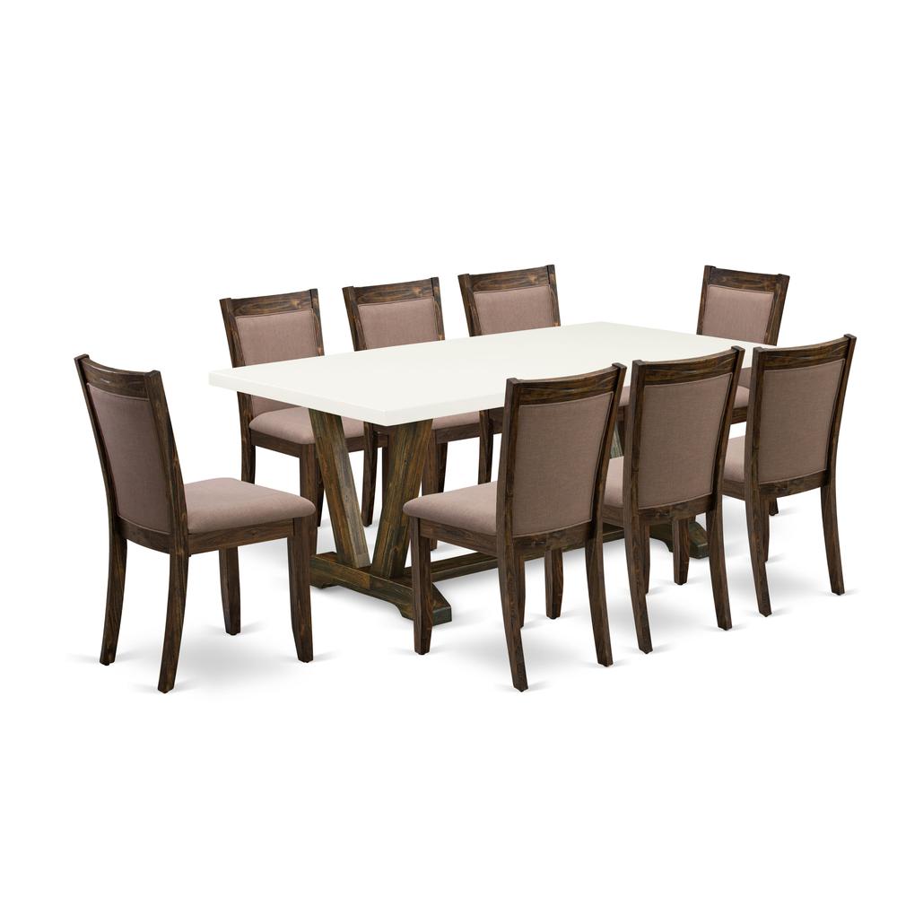 V727MZ748-9 9 Piece Dinette Set - A Wooden Table with Trestle Base and 8 Coffee Modern Dining Chairs - Distressed Jacobean Finish. Picture 2