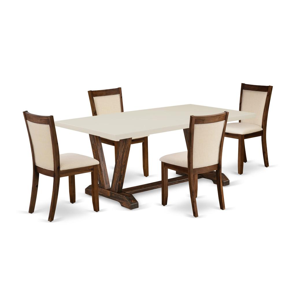 East West Furniture 5-Pieces Dining Room Table Set - A Dining Room Table with Linen White Top and 4 Light Beige Fabric Dining Room Chairs with Stylish Back (Distressed Jacobean Finish). Picture 2