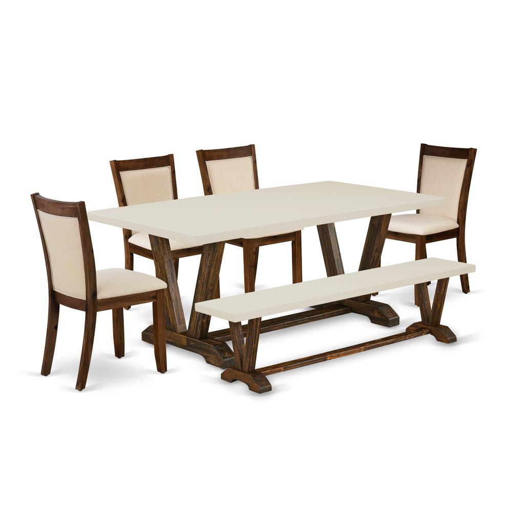 East West Furniture 6-Pc Dining Room Set - 1 Dining Table, Modern Dining Bench with Linen White Top and 4 Light Beige Fabric Kitchen Chairs with Stylish Back (Distressed Jacobean Finish). Picture 2