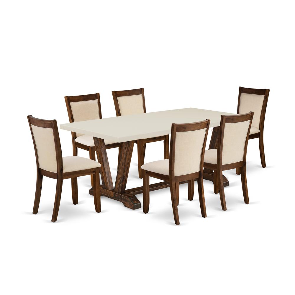 East West Furniture 7-Pieces Dining Room Set - A Dinning Table with Linen white Top and 6 Light Beige Fabric Dining Chairs with Stylish Back (Distressed Jacobean Finish). Picture 2