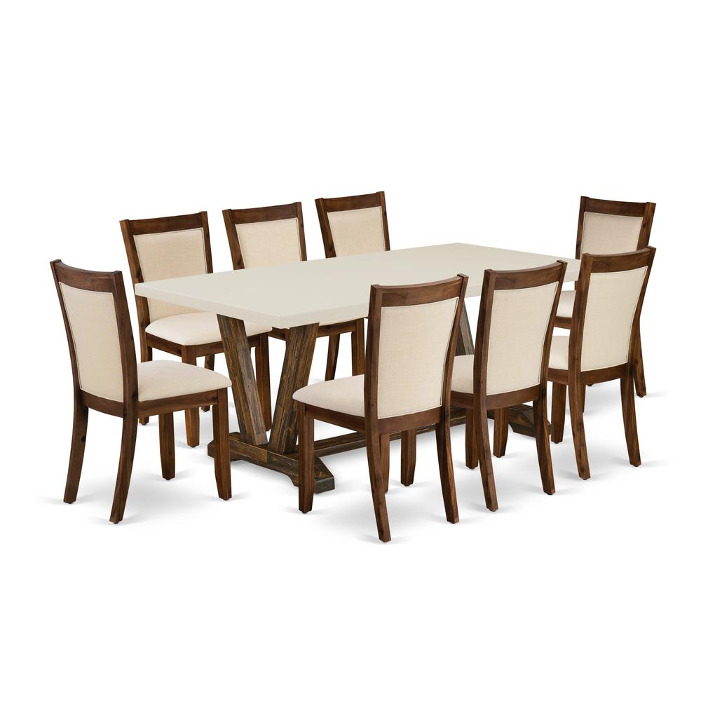 East West Furniture 9-Pc Kitchen Table Set - A Dining Room Table with Linen White Top and 8 Light Beige Fabric Modern Chairs with Stylish Back (Distressed Jacobean Finish). Picture 2