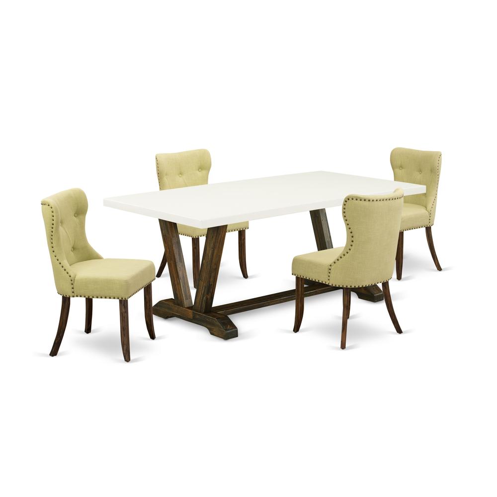 East West Furniture V727SI737-5 5-Pc Dinette Room Set- 4 Parson Dining Room Chairs with Limelight Linen Fabric Seat and Button Tufted Chair Back - Rectangular Table Top & Wooden Legs - Linen White and. Picture 1