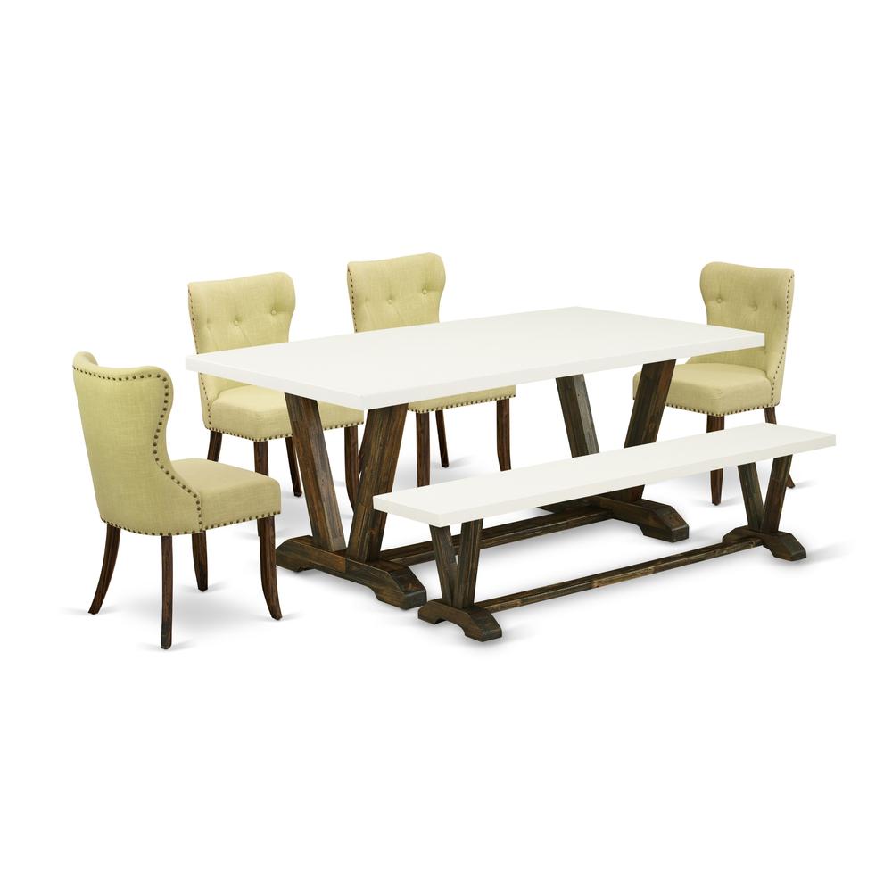 East West Furniture V727SI737-6 6-Pc Modern Dining Set- 4 Parson Chairs with Limelight Linen Fabric Seat and Button Tufted Chair Back - Rectangular Top & Wooden Legs Dining Room Table and Small Bench. Picture 1
