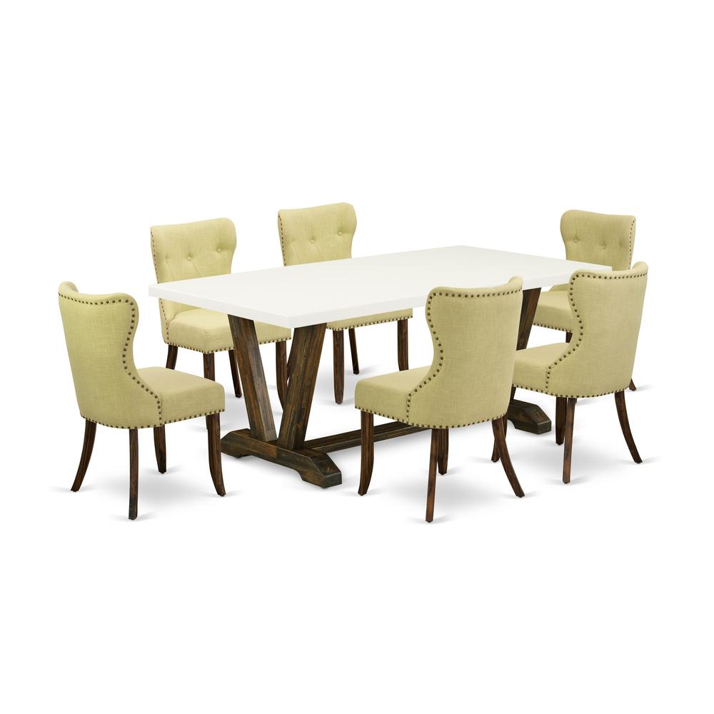 East West Furniture V727SI737-7 7-Piece Dining Room Set- 6 Kitchen Chairs with Limelight Linen Fabric Seat and Button Tufted Chair Back - Rectangular Table Top & Wooden Legs - Linen White and Distress. Picture 1