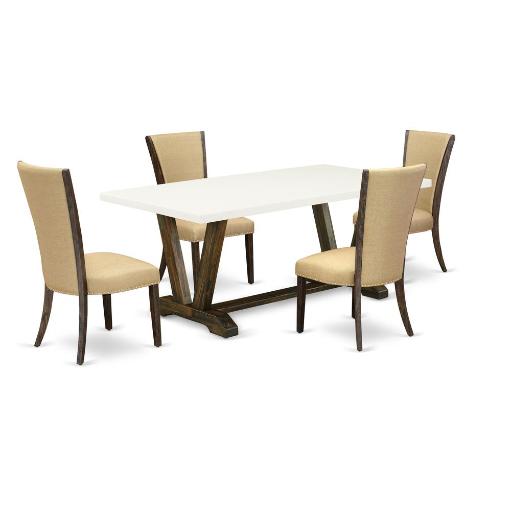 East West Furniture V727VE703-5 5Pc Kitchen Set Offers a Wood Dining Table and 4 Upholstered Dining Chairs with Brown Color Linen Fabric, Medium Size Table with Full Back Chairs, Distressed Jacobean a. Picture 1