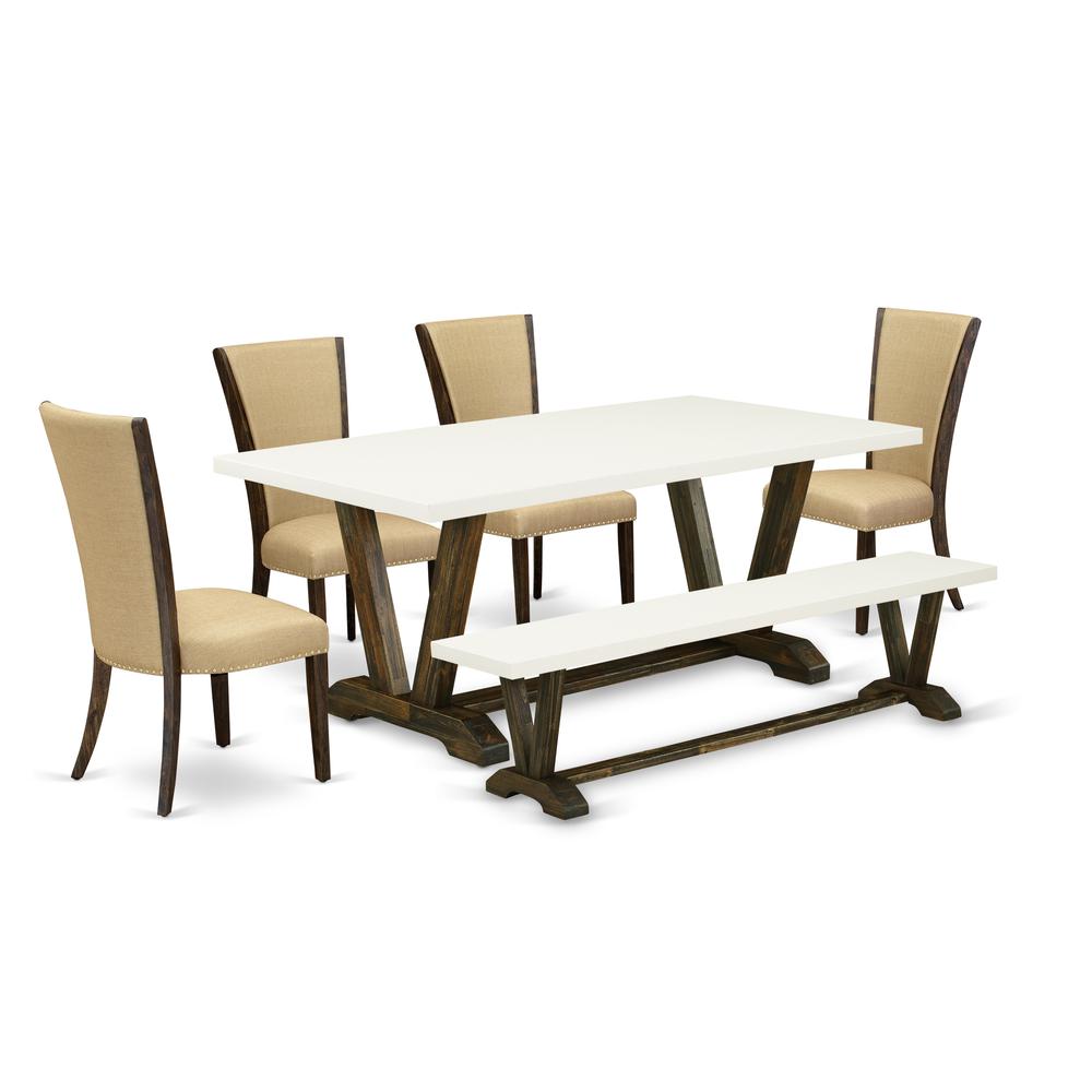 East West Furniture V727VE703-6 6 Piece Dining Set - 4 Brown Linen Fabric dining room chairs with Nailheads and Linen White Dinner Table - 1 Dining Bench - Distressed Jacobean Finish. Picture 1