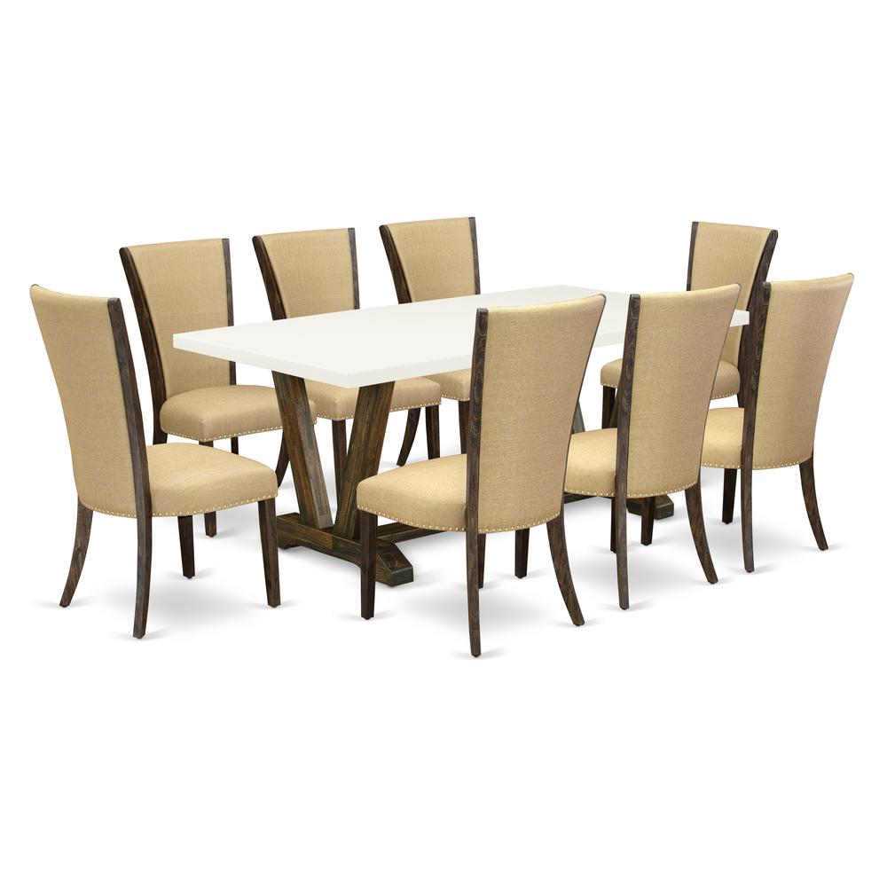 East West Furniture V727VE703-9 9Pc Dinette Set Offers a Wood Table and 8 Parsons Chairs with Brown Color Linen Fabric, Medium Size Table with Full Back Chairs, Distressed Jacobean and Linen White Fin. Picture 1