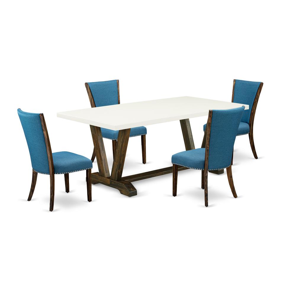 East West Furniture V727VE721-5 5Pc Kitchen Table Set Contains a Rectangular Table and 4 Parsons Dining Room Chairs with Blue Color Linen Fabric, Distressed Jacobean and Linen White Finish. Picture 1