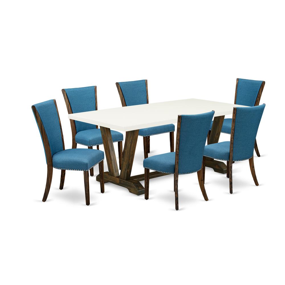 East West Furniture V727VE721-7 7Pc Dining Table set Consists of a Wood Table and 6 Parson Dining Chairs with Blue Color Linen Fabric, Distressed Jacobean and Linen White Finish. Picture 1