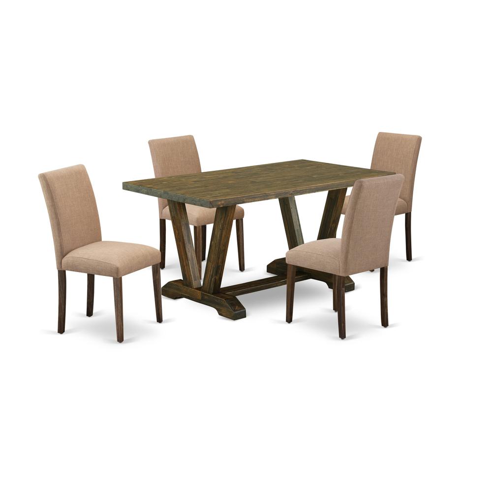 East West Furniture 5-Piece Modern Dining Table Set-A Mid Century Dining Table and 4Linen FabricModern Chairs with High Back - Distressed Jacobean Finish. Picture 2
