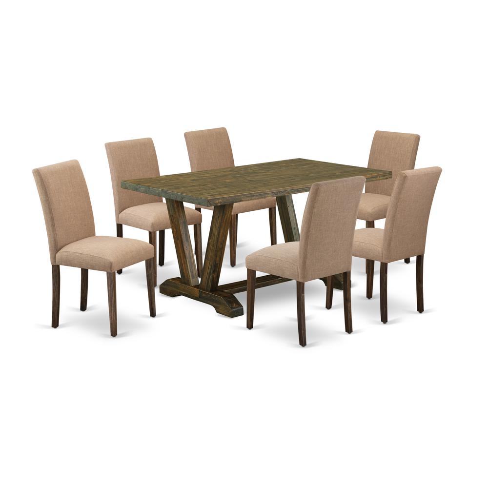 East West Furniture 7-Pc Table and Chairs Dining Set Includes 6 Mid Century Modern Dining Chairs with Upholstered Seat and High Back and a Rectangular Kitchen Table - Distressed Jacobean Finish. Picture 1