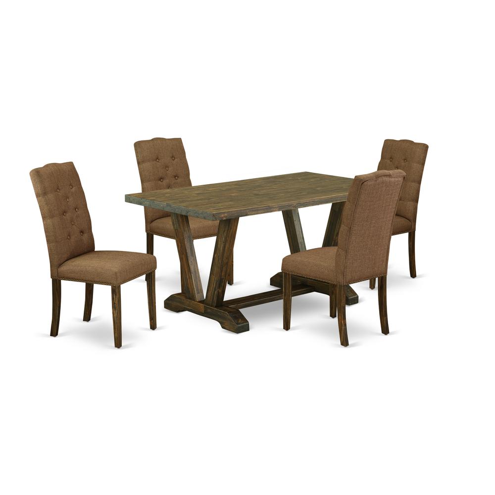 East West Furniture 5-Pc rectangular Dinette Set Included 4 kitchen parson chairs Upholstered Seat and High Button Tufted Chair Back and rectangular dining Table with Distressed Jacobean Dining Table. Picture 1