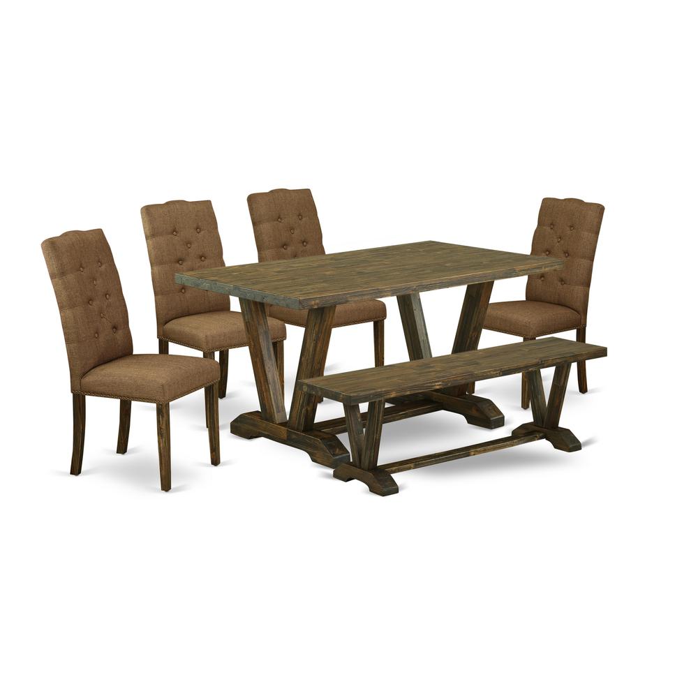East West Furniture 6-Piece Dining room Table Set-Brown Beige Linen Fabric Seat and Button Tufted Chair Back Dining chairs, A Rectangular Bench and Rectangular Top Dining room Table with Solid Wood Le. Picture 1