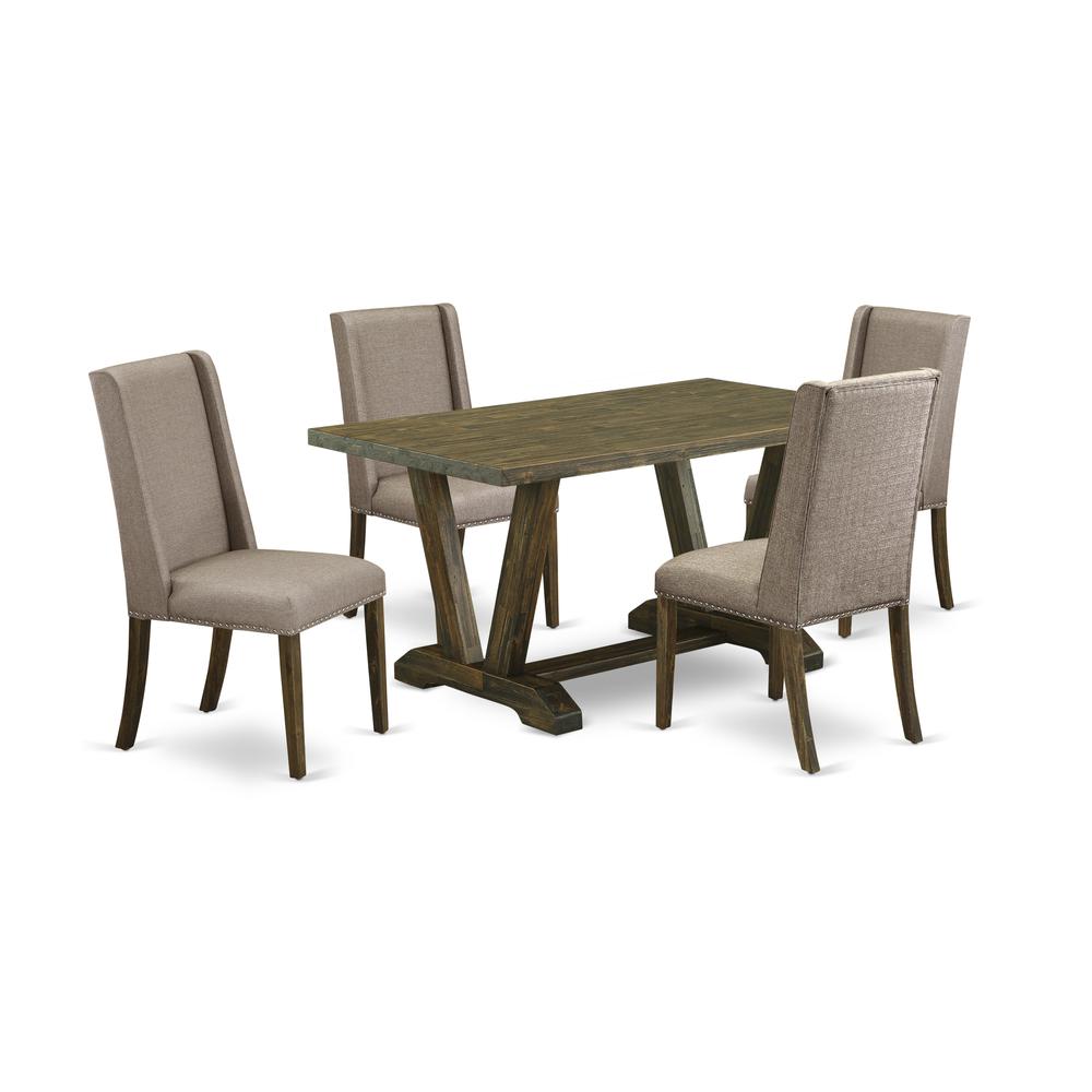 East West Furniture 5-Pc Mid Century Dining Table Set Included 4 Dining room chairs Upholstered Nails Head Seat and Stylish Chair Back and rectangular dining Table with Distressed Jacobean Dining Tabl. Picture 1