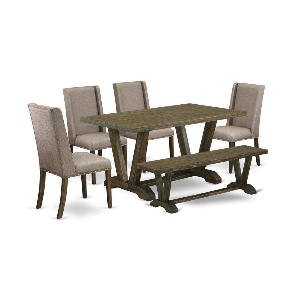 East West Furniture 6-Piece Table Dining Set-Dark Khaki Linen Fabric Seat and High Stylish Chair Back Kitchen chairs, A Rectangular Bench and Rectangular Top Kitchen Table with Wood Legs - Distressed. Picture 1