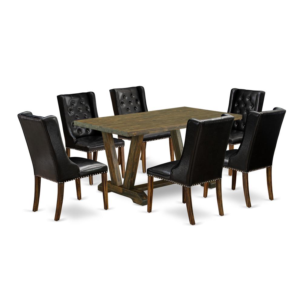 East West Furniture V776FO769-7 7-Piece Dining Room Set - 6 Black Pu Leather Upholstered Chair Button Tufted with Nail heads and Mid Century Dining Table - Distressed Jacobean Finish. Picture 1