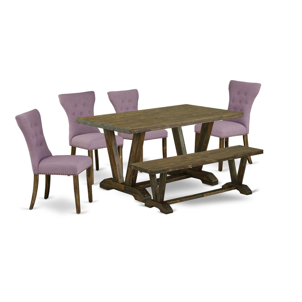 East West Furniture 6-Pc kitchen table set-Dahlia Linen Fabric Seat and Button Tufted Chair Back Dining chairs, A Rectangular Bench and Rectangular Top Modern Dining Table with Wood Legs - Distressed. Picture 1