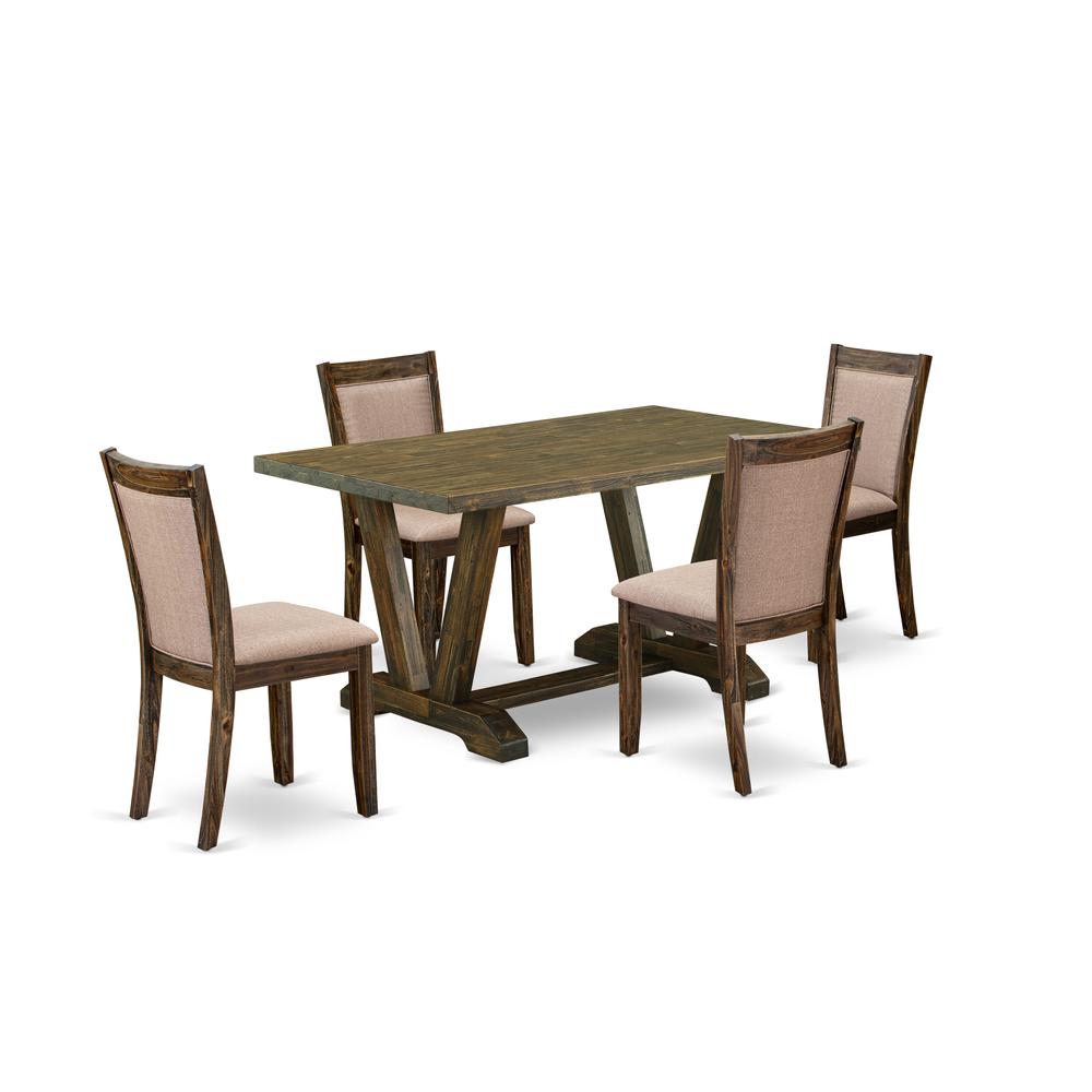 V776MZ716-5 5 Piece Dining Table Set - A Modern Dining Table with Trestle Base and 4 Parson Chairs - Distressed Jacobean Finish. Picture 2