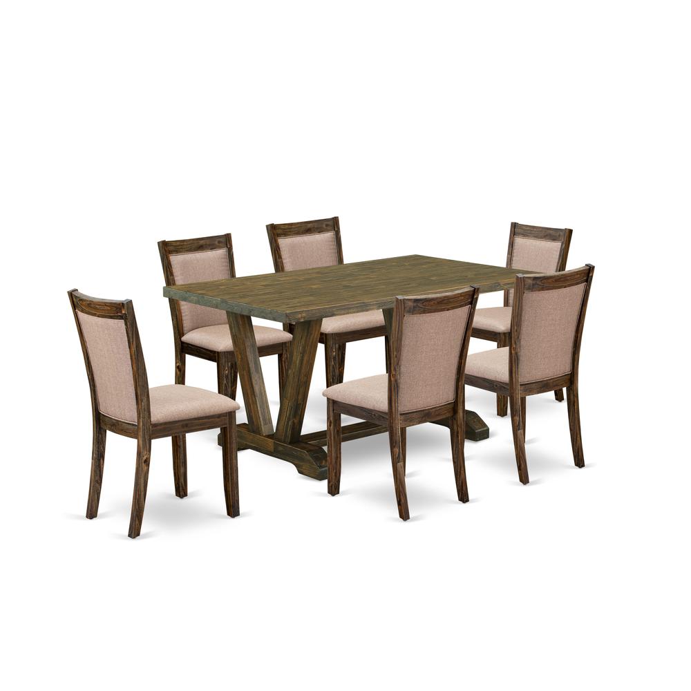 V776MZ716-7 7 Pc Modern Dining Set - A Kitchen Table with Trestle Base and 6 Chairs For Dining Room - Distressed Jacobean Finish. Picture 2
