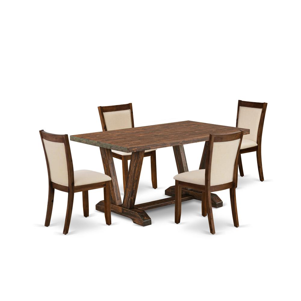 East West Furniture 5-Pieces Dinette Set - 1 Dining Room Table with Trestle Base and 4 Light Beige Fabric Kitchen Chairs with Stylish Back (Distressed Jacobean Finish). Picture 2